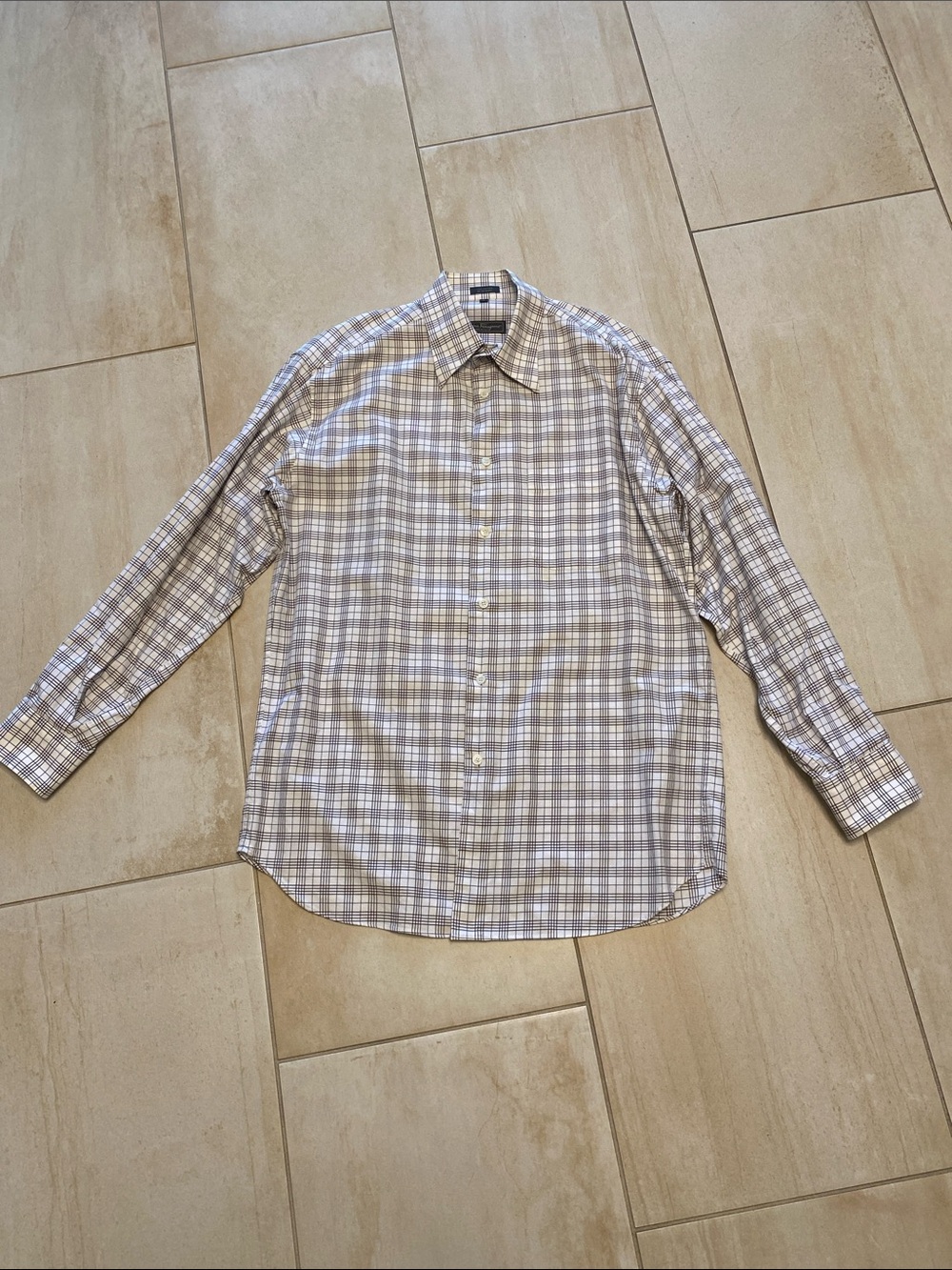 Salvatore Ferragamo Beige and White Plaid Men's Dress Shirt